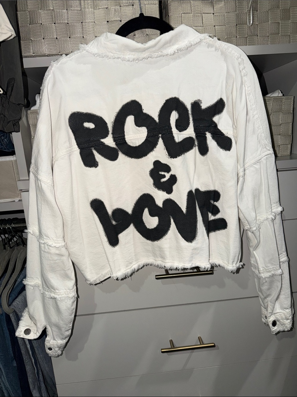 Elan White Cropped Jacket with Black 'ROCK & LOVE' Graphic